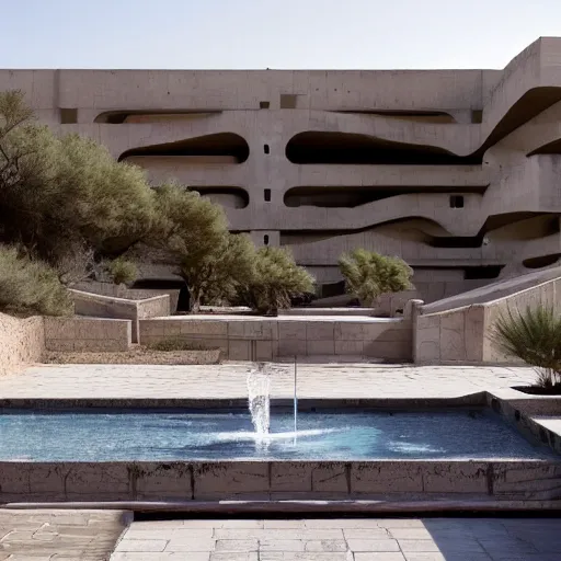 Image similar to brutalism hotel in the desert, biophilia mood, pool, garden, highly detailed, cinematic, photorealistic, made of concrete and steel