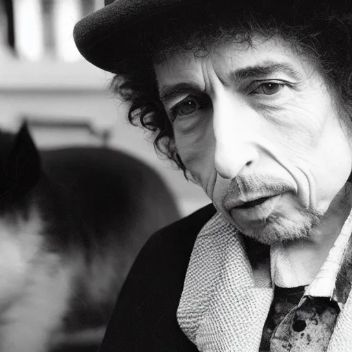 Prompt: bob dylan with cat eyes and whiskers and a pig nose