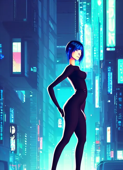 Image similar to digital illustration of cyberpunk pretty girl with blue hair, wearing a tight black dress, full body pose, in city street at night, by makoto shinkai, ilya kuvshinov, lois van baarle, rossdraws, basquiat