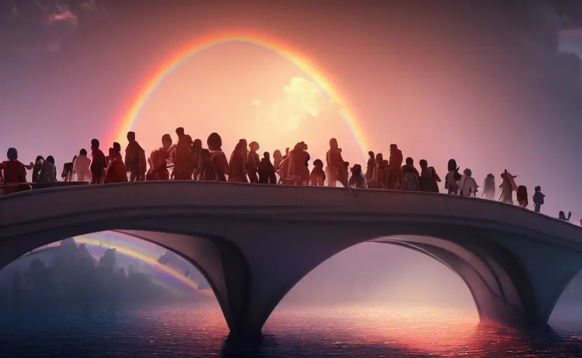 Prompt: incredible, mindblowing, refugees crossing a beautiful bridge made of rainbow hardlight, matte painting, makoto shinkai, artstation, cgsociety, dramatic lighting, concept art, octane render, arnold 3 d render