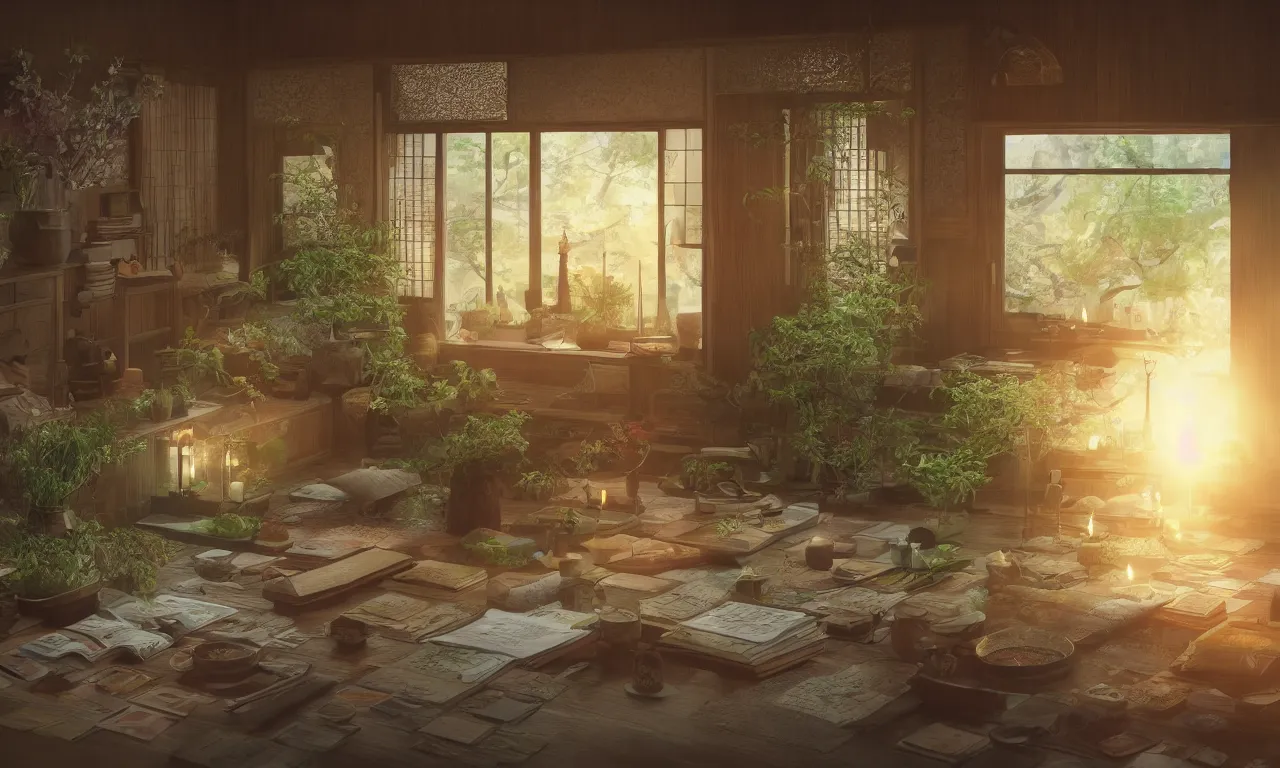 Image similar to interior view of a magical Japanese herbalist cottage, Journal with pens, waxy candles, books, flowers, wood furnishings, light bloom, dust, ambient occlusion, rays of light coming through windows, trending on artstation