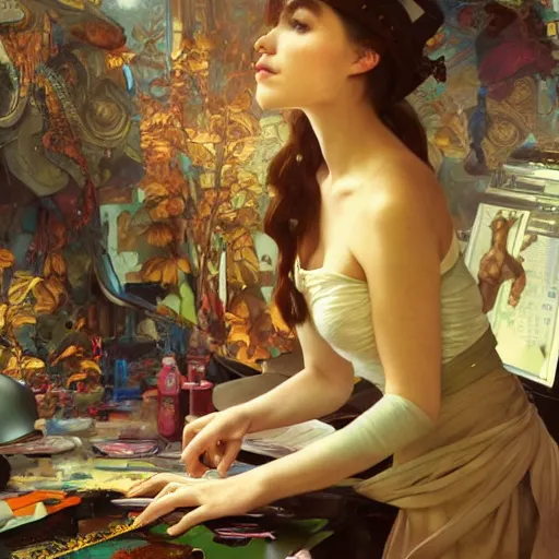 Prompt: a computer graphics artist with a ballcap in a messy room at the computer animating, ultra realistic, concept art, intricate details, serious, highly detailed, photorealistic, octane render, 8 k, unreal engine. art by artgerm and greg rutk owski and alphonse mucha