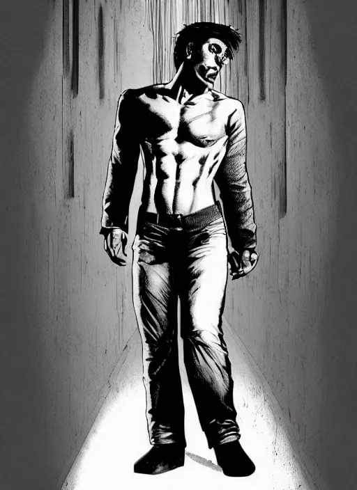 Image similar to aesthetic digital illustration of a solitary handsome young psycho standing in an empty white room by brian bolland, rachel birkett, alex ross, and neal adams | sinister, dangerous, character concept, concept art, unreal engine, finalrender, centered, deviantart, artgerm