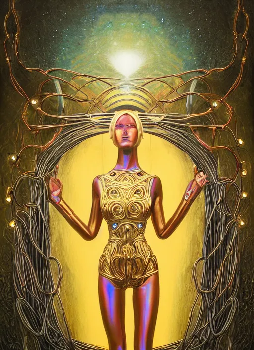 Image similar to oil painting of symmetric android woman immersed in the mystical tree, druid goddess, retro futurism, renaissance painting, baroque, steampunk, golden jewellery, shining crystals, cords and wires, vr googles, filigree, biomechanics, cinematic light, 8 k