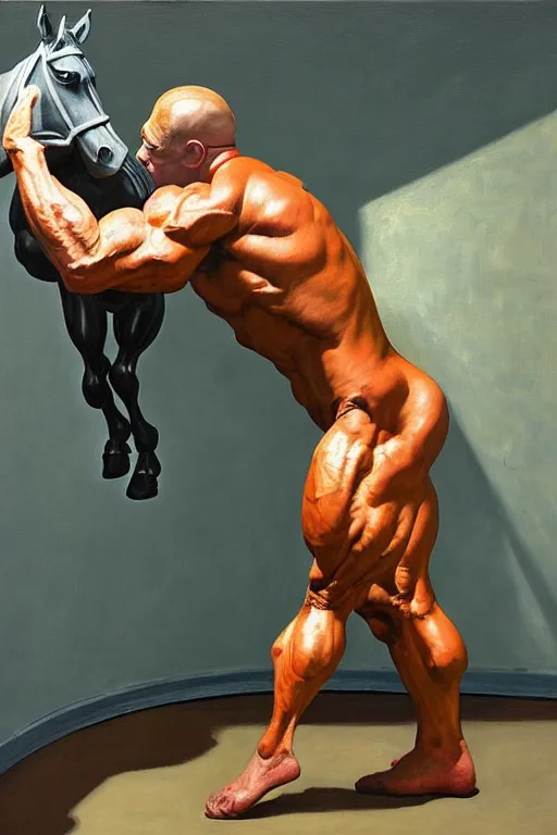 Image similar to astronaut bodybuilder lifts horse statue, highly detailed painting by francis bacon, edward hopper, adrian ghenie, gerhard richter, and james jean soft light 4 k,