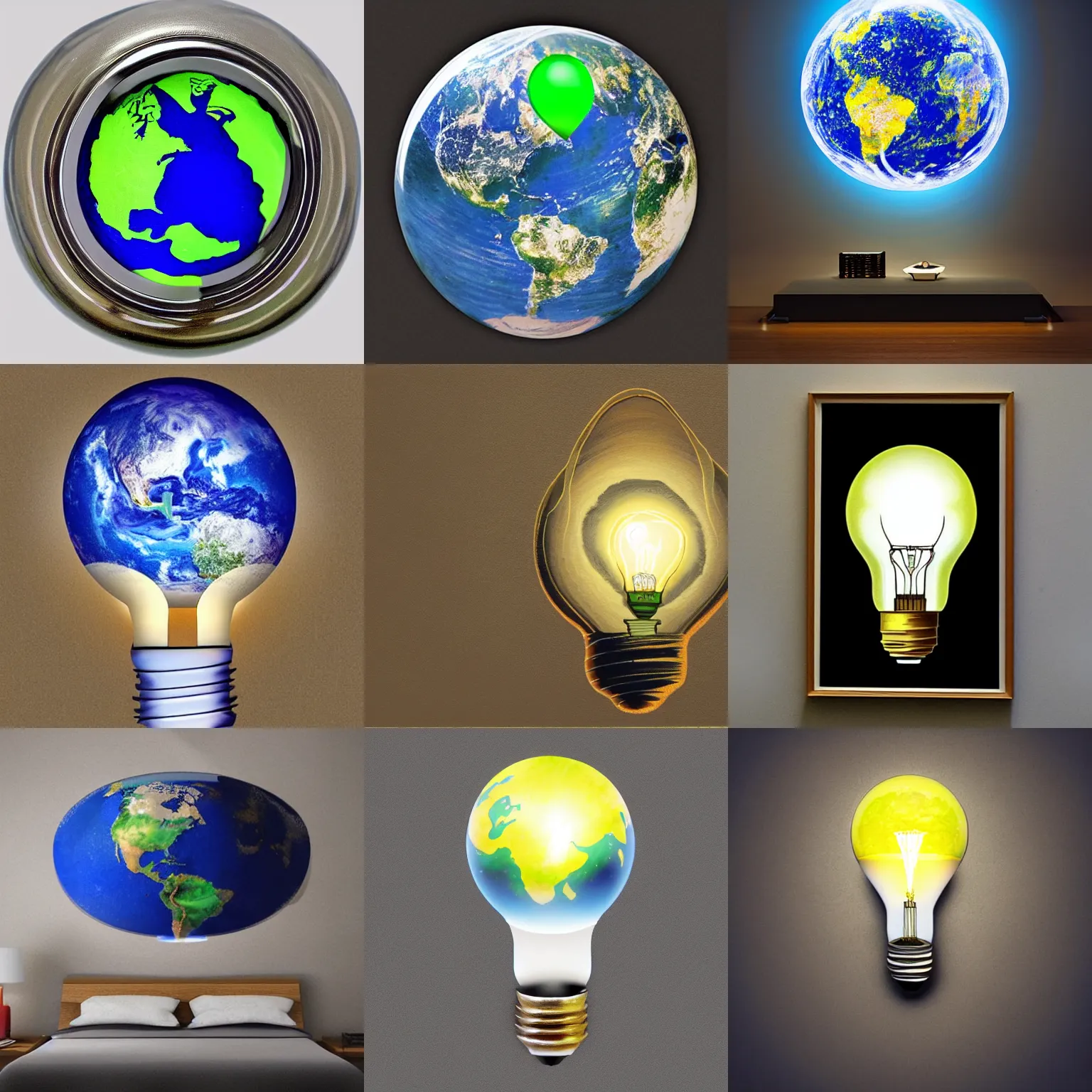 Prompt: <artwork quality=masterpiece mode='attention grabbing'>Lightbulb containing the earth</artwork>