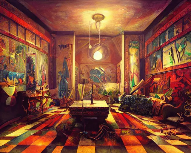 Prompt: a painting of a confusing maximalistic room, an airbrush painting by breyten breytenbach, striking lighting, cgsociety!, neo - primitivism