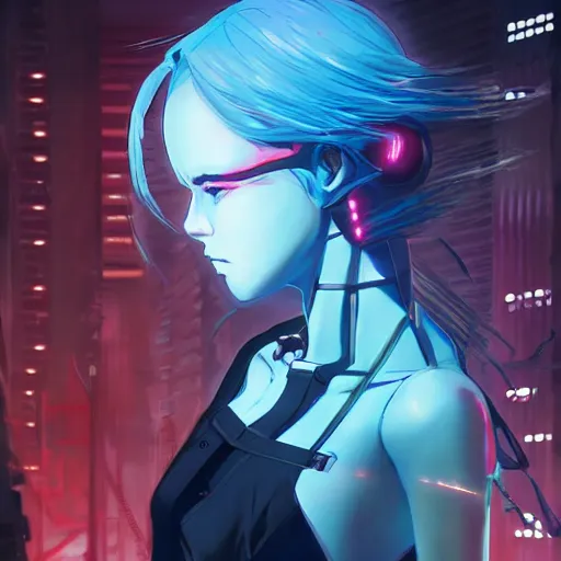 Image similar to anime cyberpunk movie still the godfather, beautiful full body female android cyborg - angel, glowing red left eye and glowing blue right eye, cinematic lighting, advanced digital cyberpunk art, wlop, rossdraws sakimimichan, ilya kuvshinov, krenz cushart, greg rutkowski - c 1 2