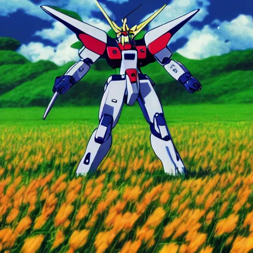 Prompt: gundam wing morphing into a field of flowers