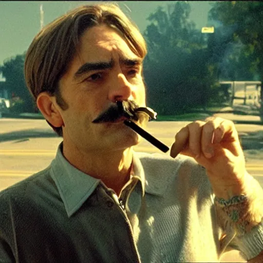 Image similar to Mario smoking a cigarette in a Paul Thomas Anderson film aesthetic!!!