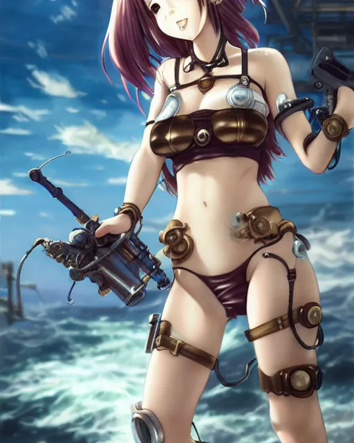 Image similar to portrait Anime Girl in bikini armor steampunk cute-fine-face, pretty face, realistic shaded Perfect face, fine details. Anime. Bioshock steampunk realistic shaded lighting by katsuhiro otomo ghost-in-the-shell, magali villeneuve, artgerm, rutkowski Jeremy Lipkin and Giuseppe Dangelico Pino and Michael Garmash and Rob Rey