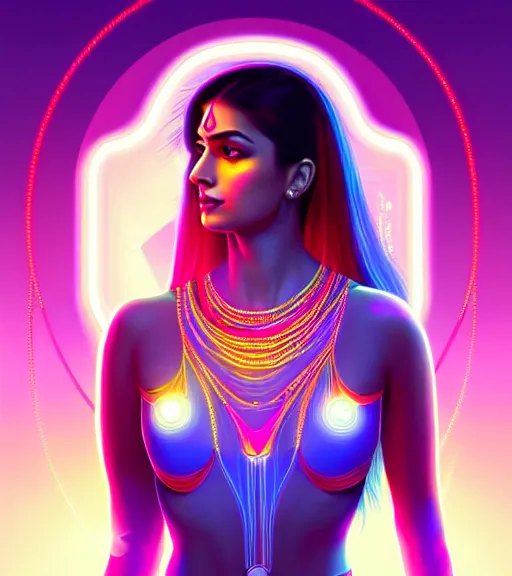 Prompt: symmetry!! indian princess of technology, solid cube of light, hard edges, product render retro - futuristic poster scifi, lasers and neon circuits, brown skin gorgeous indian princess, intricate, elegant, highly detailed, digital painting, artstation, concept art, smooth, sharp focus, illustration, dreamlike, art by artgerm