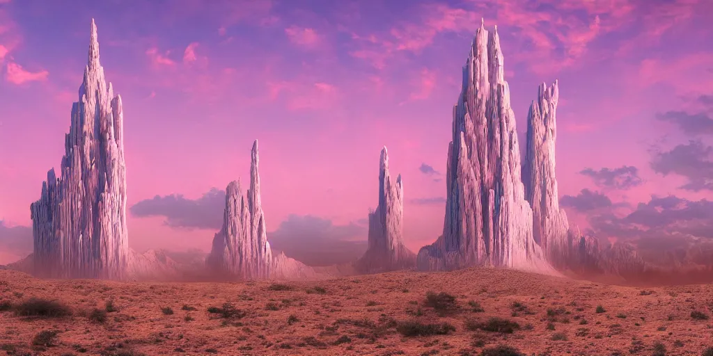 Image similar to artistic rendering of a cinematic shot of a scifi fantasy desertscape, beautiful pink sky, blue geometric tower with spires, processing the soul of an ancient alien