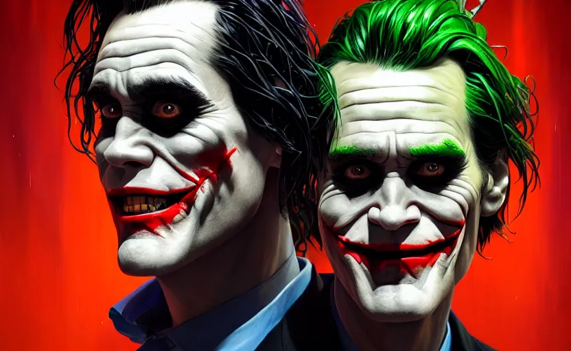 Image similar to highly detailed portrait of jim carrey as the joker wearing a suit, in batman comic book, stephen bliss, unreal engine, fantasy art by greg rutkowski, loish, rhads, ferdinand knab, makoto shinkai and lois van baarle, ilya kuvshinov, rossdraws, tom bagshaw, global illumination, radiant light, detailed and intricate environment