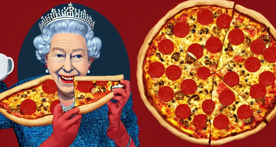 Image similar to the queen eating a pizza, 4k, photorealistic, hyper detailed