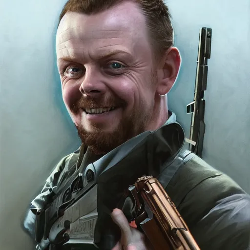 Prompt: portrait painting of smiling simon pegg with a rifle, ultra realistic, concept art, intricate details, eerie, highly detailed, photorealistic, octane render, 8 k, unreal engine. art by artgerm and greg rutkowski and alphonse mucha