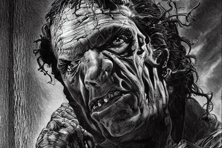 Prompt: frankenstein monster, dark scene, light coming in from the left | medium close, by bernie wrightson