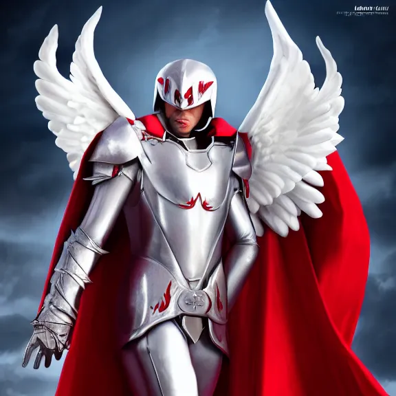 Image similar to cinematic full body shot of a male angel flying, white metallic armor, red cape, elegant pose, detailed arms, detailed white armor, two arms, two legs, detailed fanart, rpg art, d&d art, macro art, digital art, DeviantArt, artstation, 8k HD