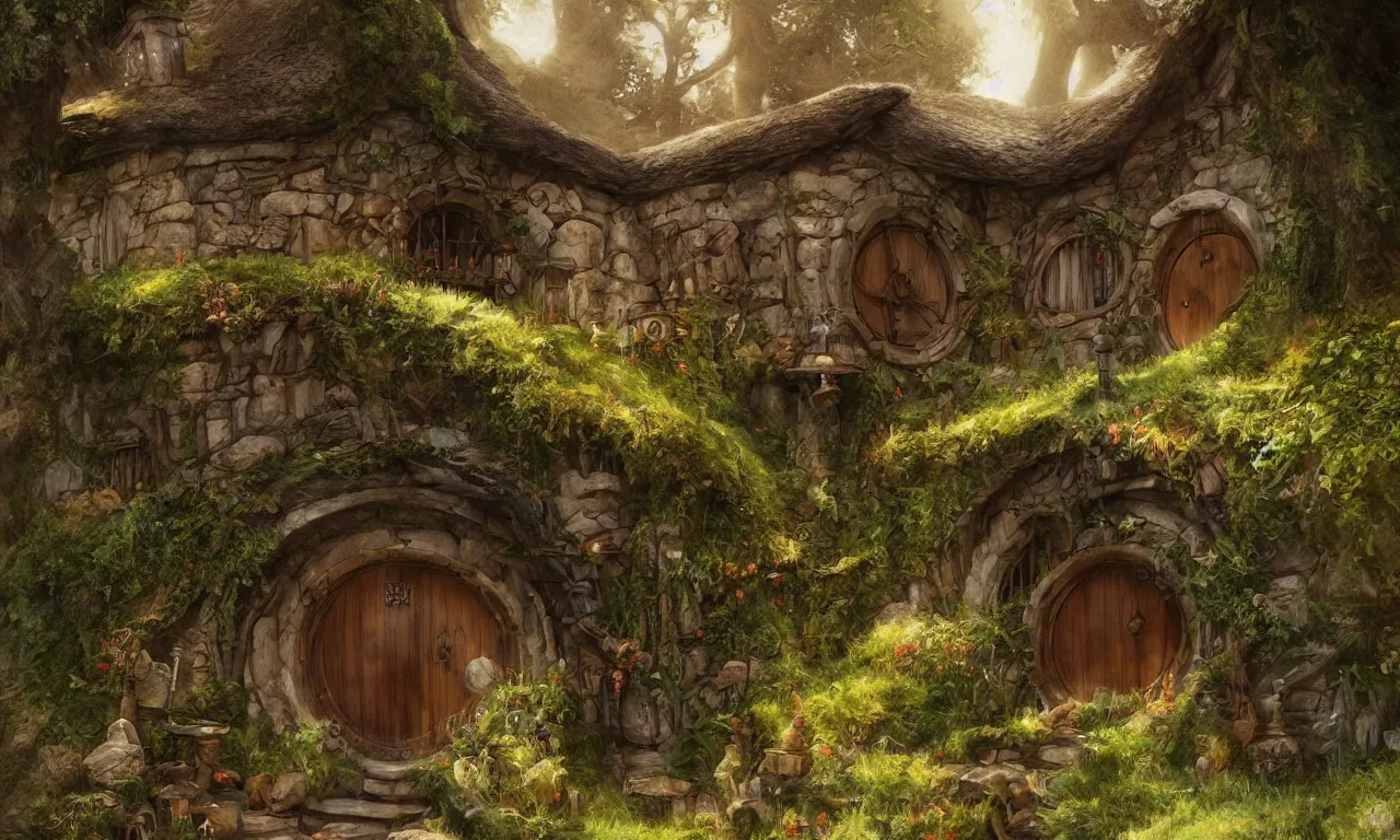 Image similar to The house of the Hobbit Bilbo Baggins, highly detailed, digital painting, artstation, concept art, smooth, sharp focus ilustration, Artstation HQ