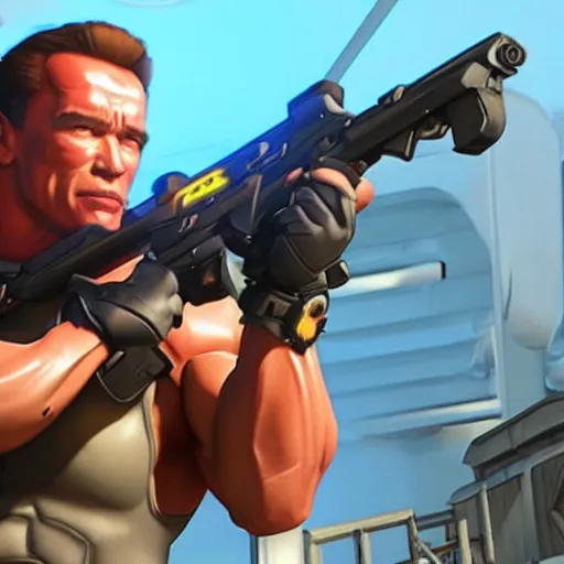 Prompt: a screenshot of arnold schwarzenegger in overwatch