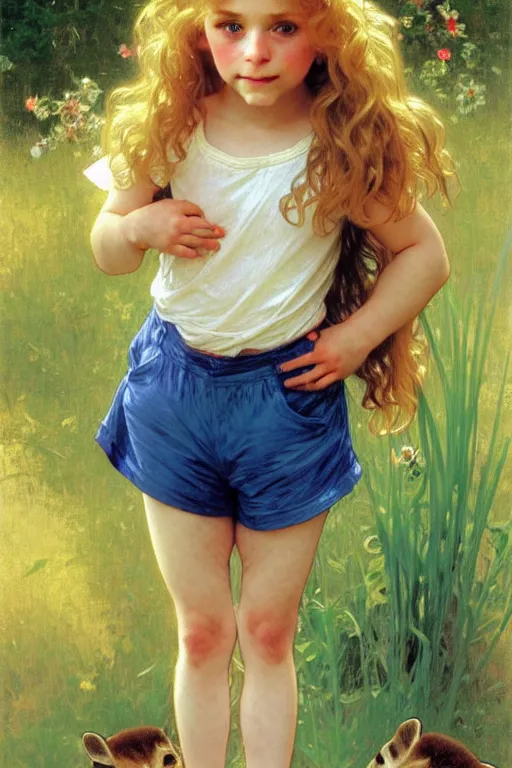 Image similar to a seven - year old with curly dirty blonde hair, blue eyes, tan skin a tee shirt and shorts, playing with foxes, painting by daniel gerhartz, alphonse mucha, bouguereau, detailed art, accurate facial details, no blush, artstation