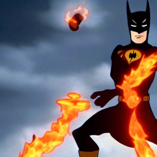 Prompt: Film still of Batman firebending, from Avatar: The Last Airbender (2005 TV Show)