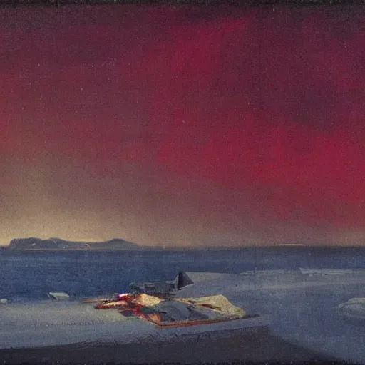 Image similar to the epic abstract painting'blue arctic void with black and red aurora borealis above a tiny inuit village ', by caspar david friedrich!!!, by rothko!!!, stunning masterpiece, trending on artstation