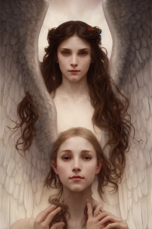 Image similar to Portrait of beautiful pale demonic biblical girl with angelic wings with multiple eyes on them, cinematic lighting, intricate, elegant, highly detailed, digital painting, artstation, smooth, sharp focus, illustration, art by artgerm and greg rutkowski and alphonse mucha and Wayne Barlowe and william-adolphe bouguereau