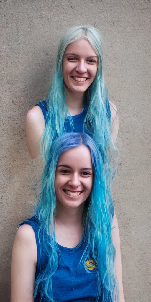 Image similar to emma wattson with blue hair smiling