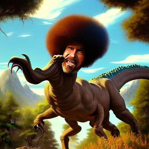 Image similar to bob ross!!! riding!!! a dinosaur!!, giant afro!, model pose, ultra realistic, concept art, intricate details, highly detailed, photorealistic, octane render, 8 k, unreal engine. art by artgerm and greg rutkowski and alphonse mucha