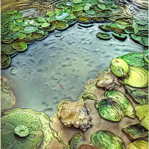 Prompt: big waves in a small lily pond, intricate, elegant, highly detailed, smooth, sharp focus, detailed face, high contrast, dramatic lighting, graphic novel, art by Ardian Syaf and Michael Choi