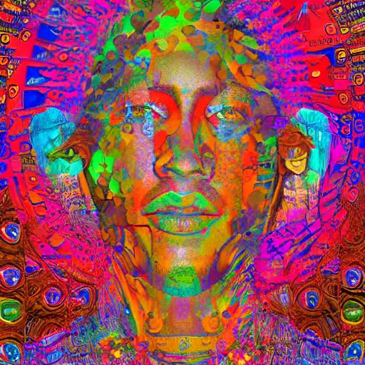 Prompt: Portrait of a Deity foreground, psychedelic, collage art background, mixed media, hypermaximalist, photo realistic, 8k