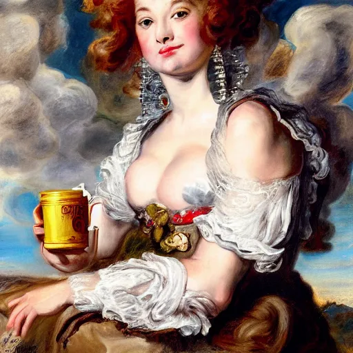 Prompt: heavenly summer sharp land sphere scallop well dressed lady drinking a starbucks coffee cup, auslese, by peter paul rubens and eugene delacroix and karol bak, hyperrealism, digital illustration, fauvist, starbucks coffee cup