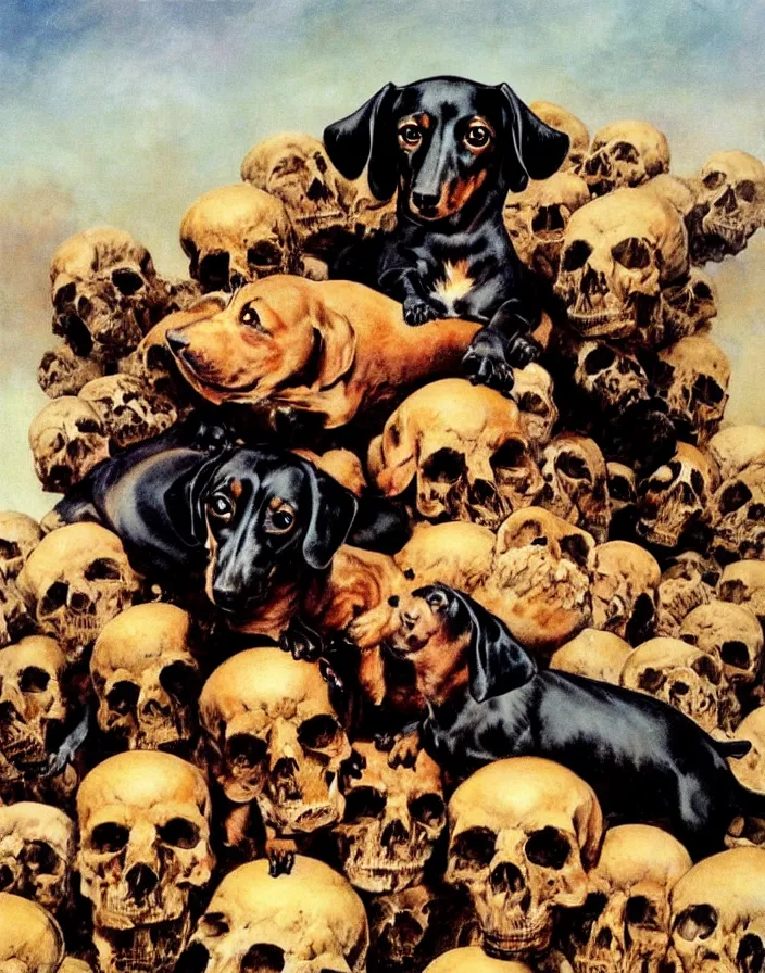 Image similar to Dachshund on top of a pile of human skulls, painting by Frank Frazetta