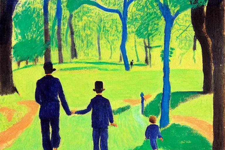 Image similar to a very tall man named John with dark hair holding the hands of a short young boy named Alex with dark hair as they walk in a park on a bright beautiful colorful day. part in the style of an edgar degas painting. part in the style of david hockney