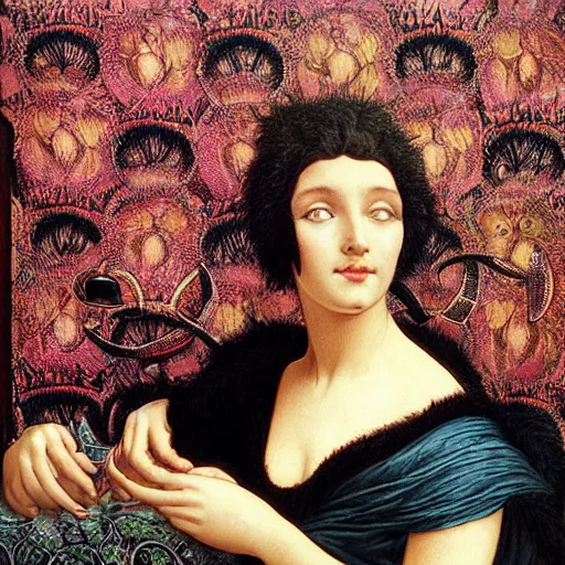 Prompt: hyperrealistic detailed painting of a black scary monster in an hotel room, art by ernst haeckel, john william godward, hammershøi, alphons mucha, pontormo, ornamental, decorative, art nouveau pattern, deep pastel colors,