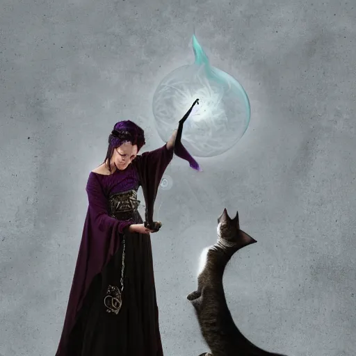 Image similar to female warlock is casting a magic spell, with a small cat by her side, d & d, fantasy, magic, award winning photography, raw,