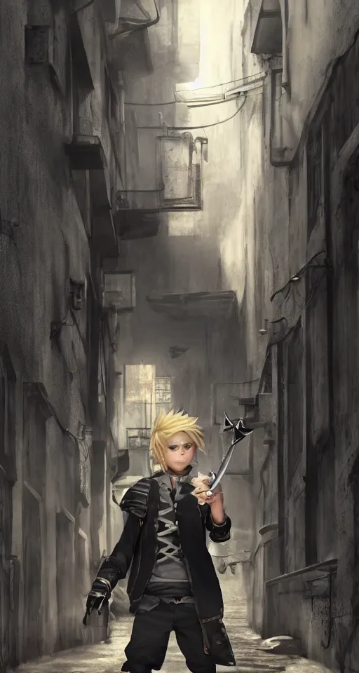 Prompt: A young blonde haired boy wearing thief clothes with daggers in an alleyway, epic fantasy, octane render, high detail, photorealistic, High details,4k, anime style