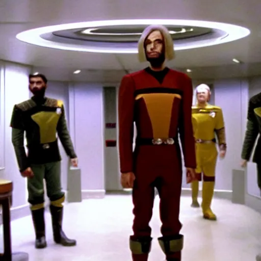 Prompt: a Klingon standing in a Star Trek Federation hallway,