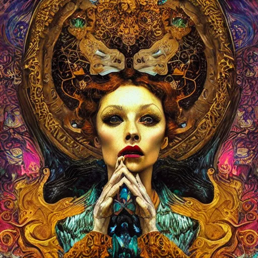 Prompt: Memento Mori by Karol Bak, Jean Deville, Gustav Klimt, and Vincent Van Gogh, beautiful visionary mystical portrait, otherworldly, fractal structures, calavera, ornate gilded medieval icon, third eye, spirals, botanicals by William Morris