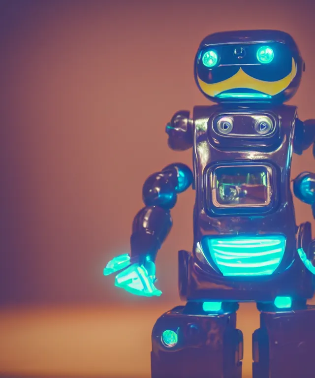 Image similar to high quality presentation photo of a retro toy robot with glowing eyes, photography 4k f1.8 anamorphic bokeh 4k Canon Nikon