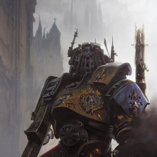 Prompt: closeup of a warhammer 4 0 k character, dramatic lighting, castle background, gorgeous view, realistic, high detail, depth of field, lightrays, atmospheric, digital art, painted by greg rutkowski, painted by jeremy mann, painted by alphonse mucha, trending on artstation