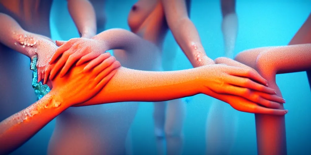 Image similar to a blurry closeup picture of gorgeous human bodies intertwined, female bodies, hands, dripping wet, macro photography, long exposure photograph, surrealism, anamorphic bokeh, cozy, soft light, cyan and orange, caustic, atmospheric fog, octane render, cinematic