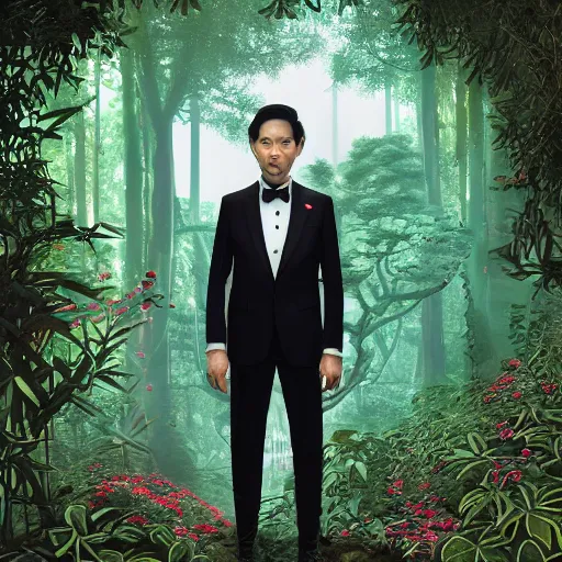 Prompt: detailed symmetry!!, ( gentlemen panda wearing a black tuxedo with a red pocket square ), deep inside a temple overgrown with black vines, view of subject above shoulders, by casey weldon and chie yoshii and afarin sajedi, global illumination, radiant light, god rays, bokeh, digital illustration, cg society, unreal engine 5, ray tracing