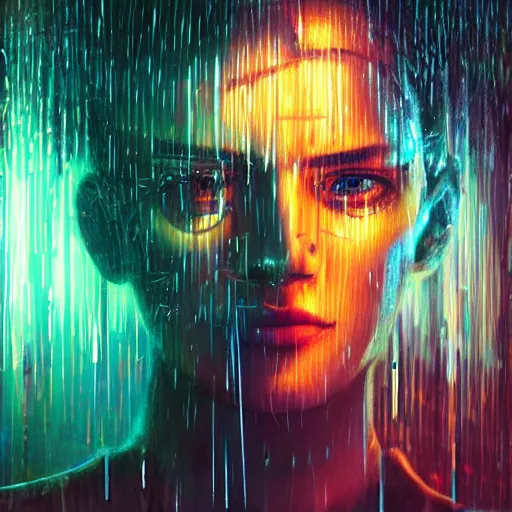 Prompt: bright aesthetic portrait LSD glowing backlit rain on face, cyberpunk, overhead lighting, fantasy, intricate, elegant, dramatic lighting, highly detailed, lifelike, photorealistic, digital painting, artstation, illustration, concept art, smooth, sharp focus, art by John Collier and Albert Aublet and Krenz Cushart and Artem Demura and Alphonse Mucha