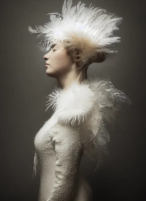 Image similar to a woman's face in profile, made of exotic swan feathers, in the style of the Dutch masters and Gregory Crewdson, dark and moody