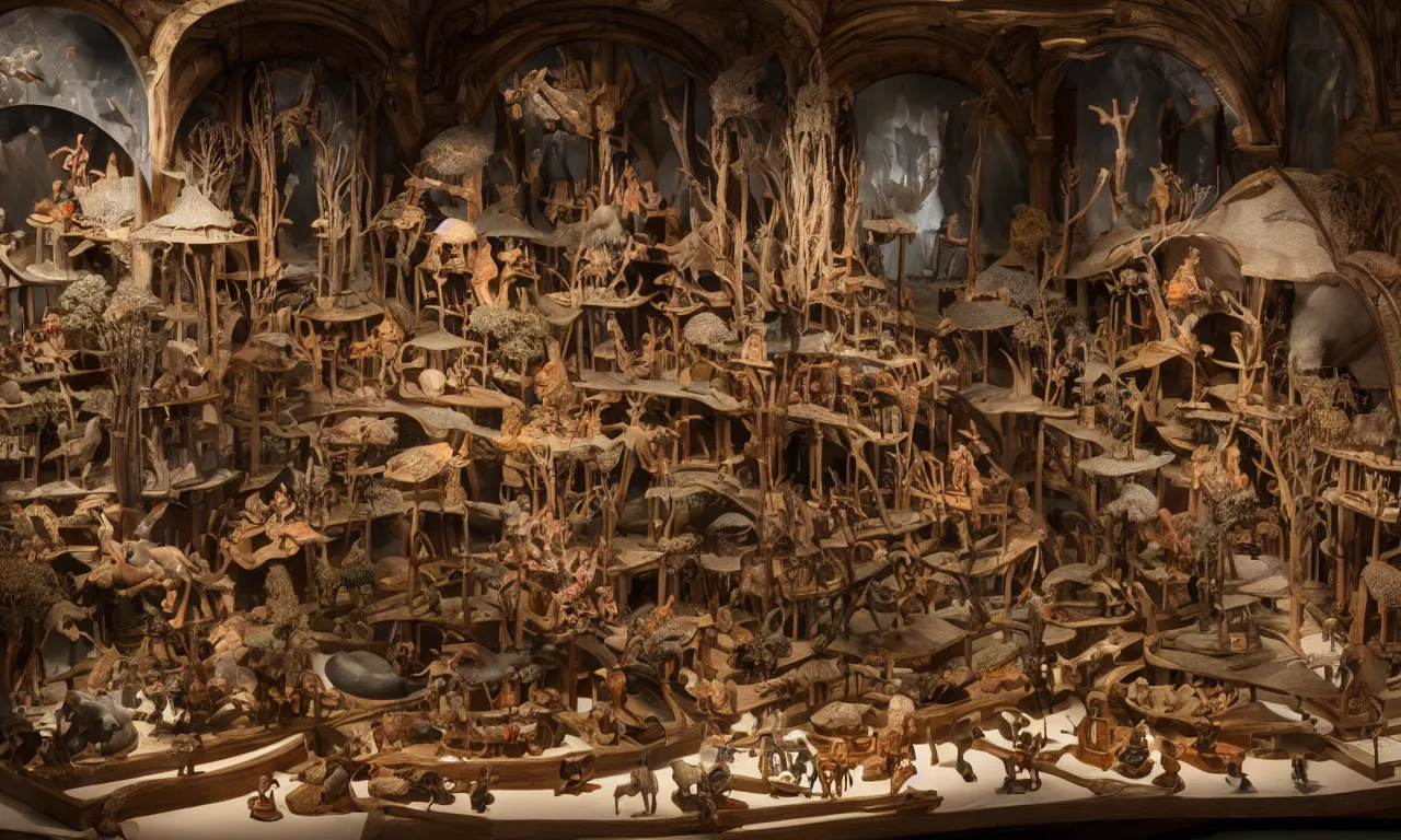 Prompt: an exhibition hall of a museum of renaissance full of glass showcases with smal incredibly detailed dioramas with wood sculptures, fused into epoxide, high detail, raytracing, back light, raymarching, new movie from digital domain and weta digital, strong ambient occlusion