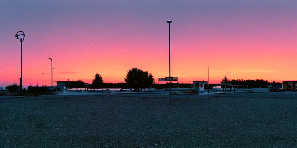 Image similar to a lonely port byron travel plaza in the middle of nowhere, sunset, eerie vibe, leica, 2 4 mm lens, cinematic screenshot from the 2 0 0 1 film directed by charlie kaufman, kodak color film stock, f / 2 2, 2 4 mm wide angle anamorphic