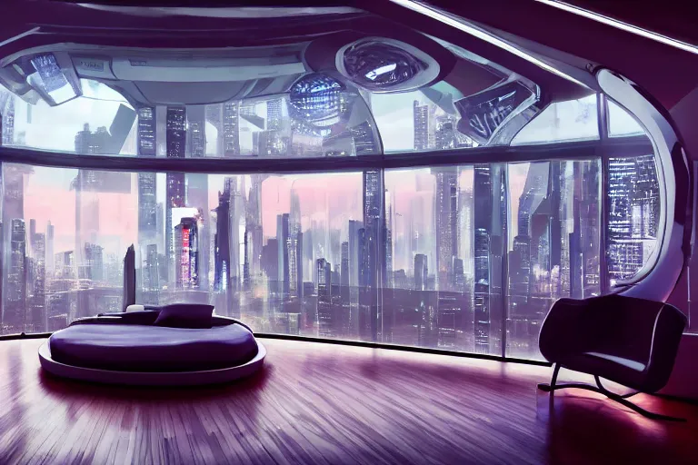 Image similar to a futuristic bedroom with large curved ceiling high windows looking out to a far future cyberpunk cityscape, cyberpunk neon lights, raining, scifi