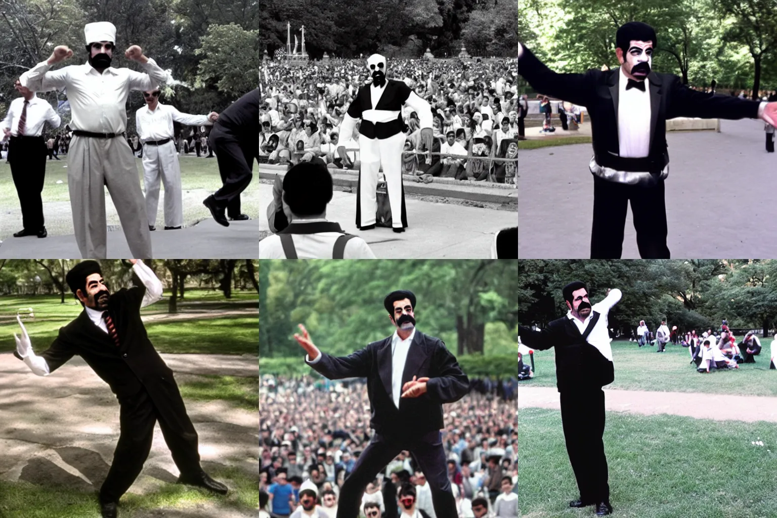 Prompt: saddam hussein as a mime performing in central park